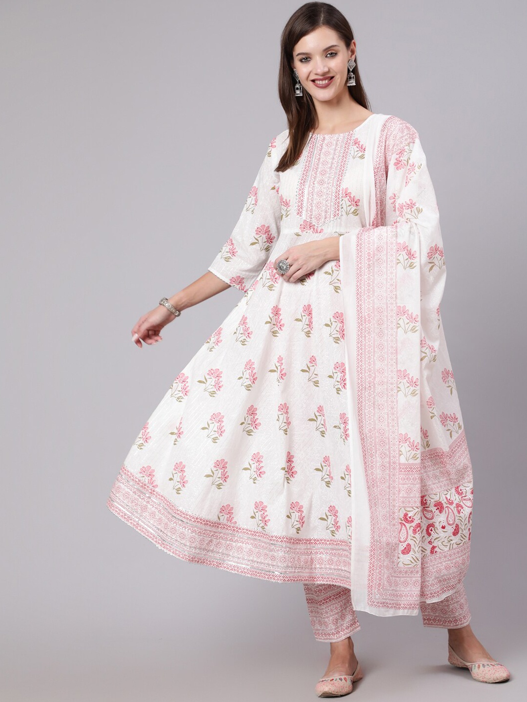 

Nayo Women Pink Floral Printed Pure Cotton Kurta with Trousers & With Dupatta