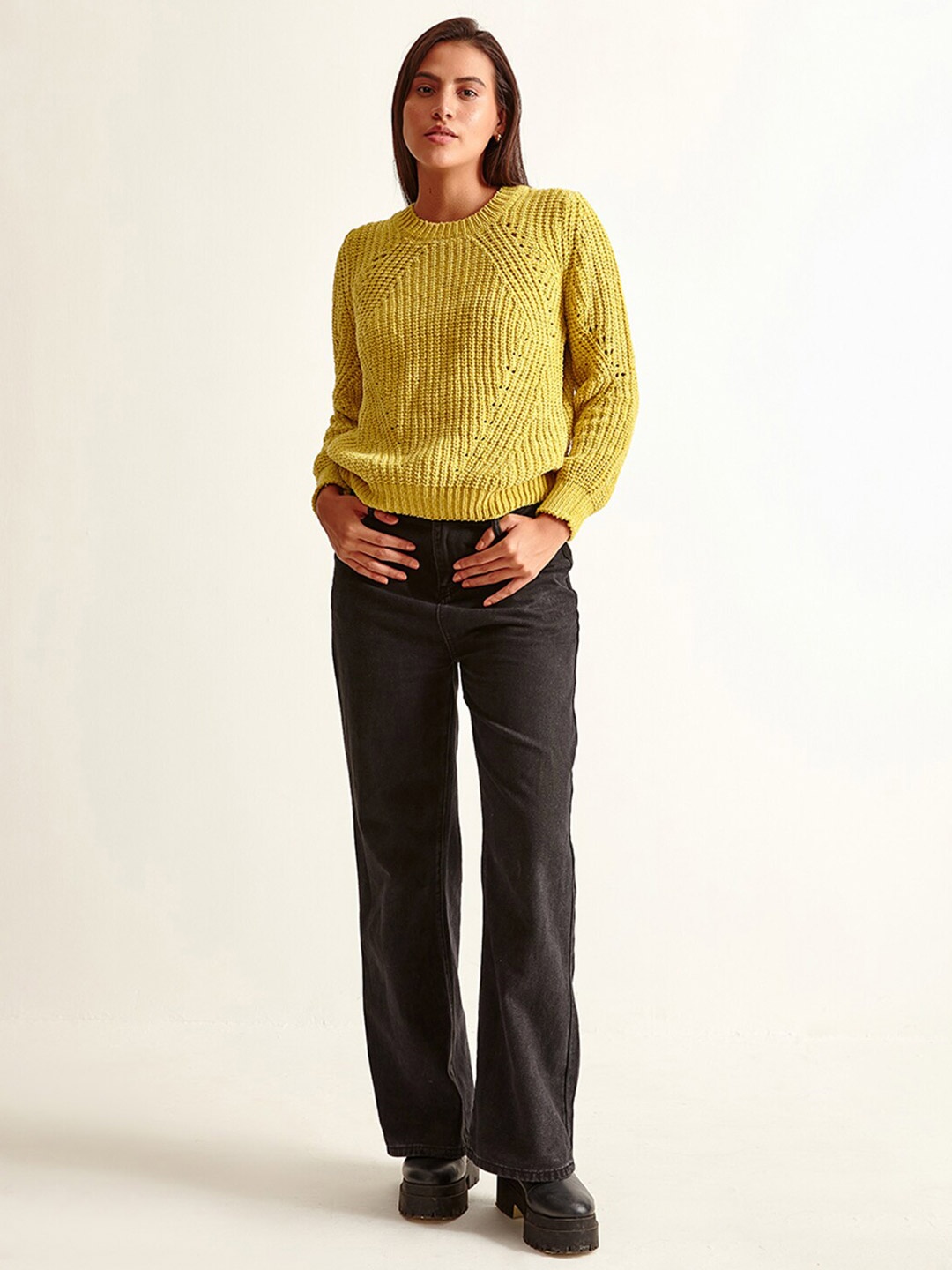 

COVER STORY Women Yellow Cable Knit Pullover