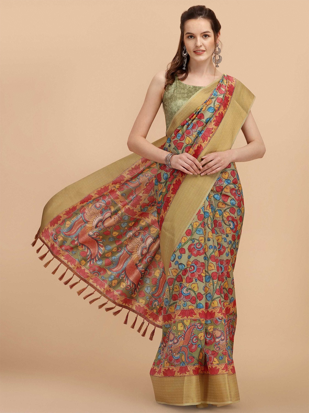 

DUNGRANI Women Olive Green & Red Kalamkari Art Silk Saree