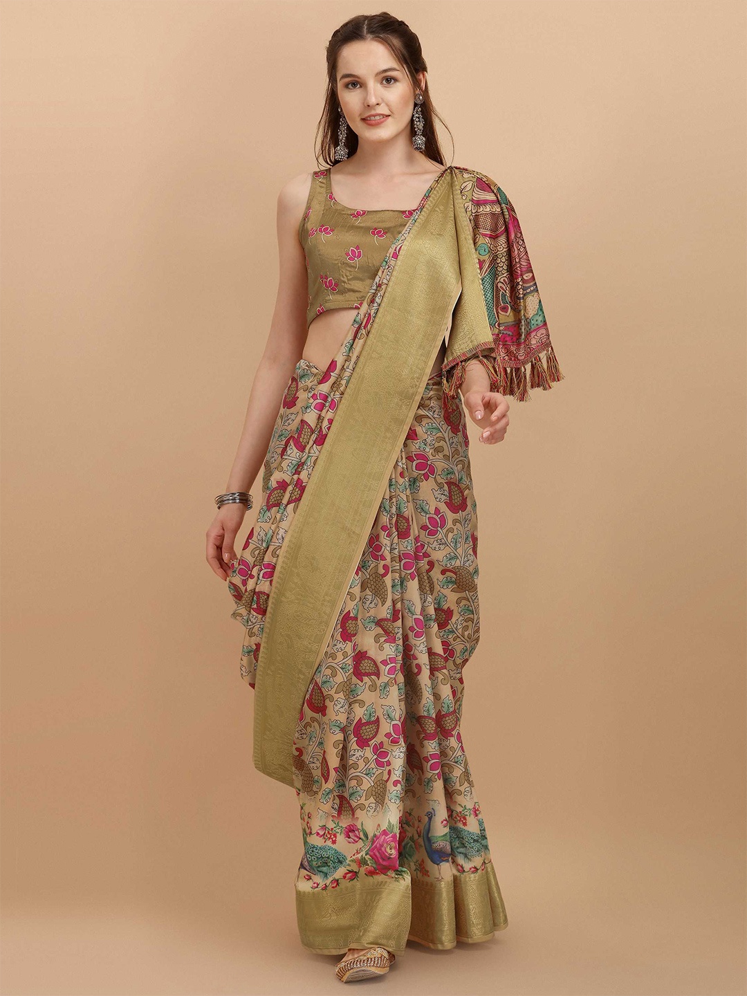 

DUNGRANI Women Beige & Pink Kalamkari Art Silk Saree