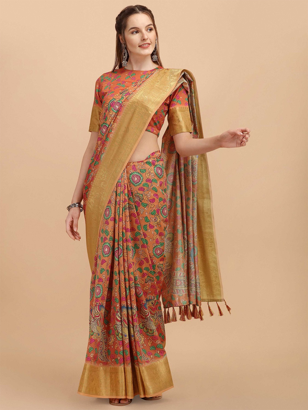 

DUNGRANI Women Rust & Green Kalamkari Art Silk Saree