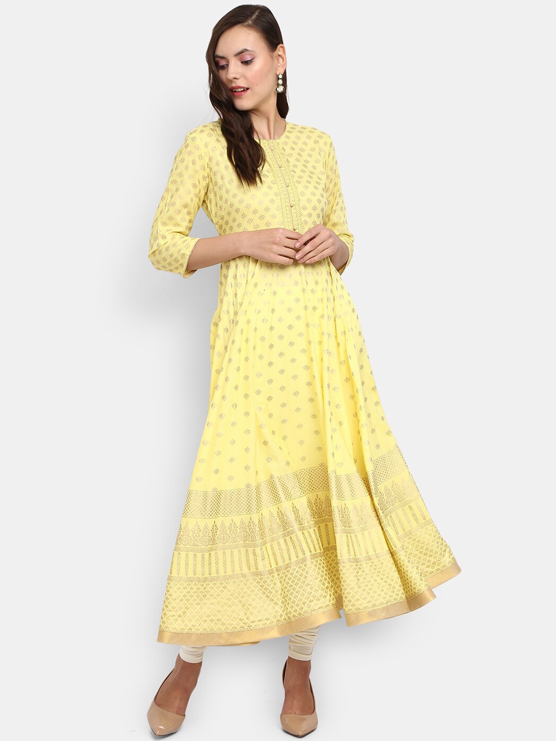 

V-Mart Women Yellow Floral Printed Thread Work Anarkali Kurta
