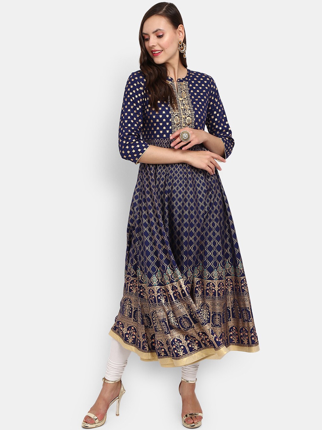 

V-Mart Women Blue Ethnic Motifs Printed Keyhole Neck Thread Work Anarkali Kurta