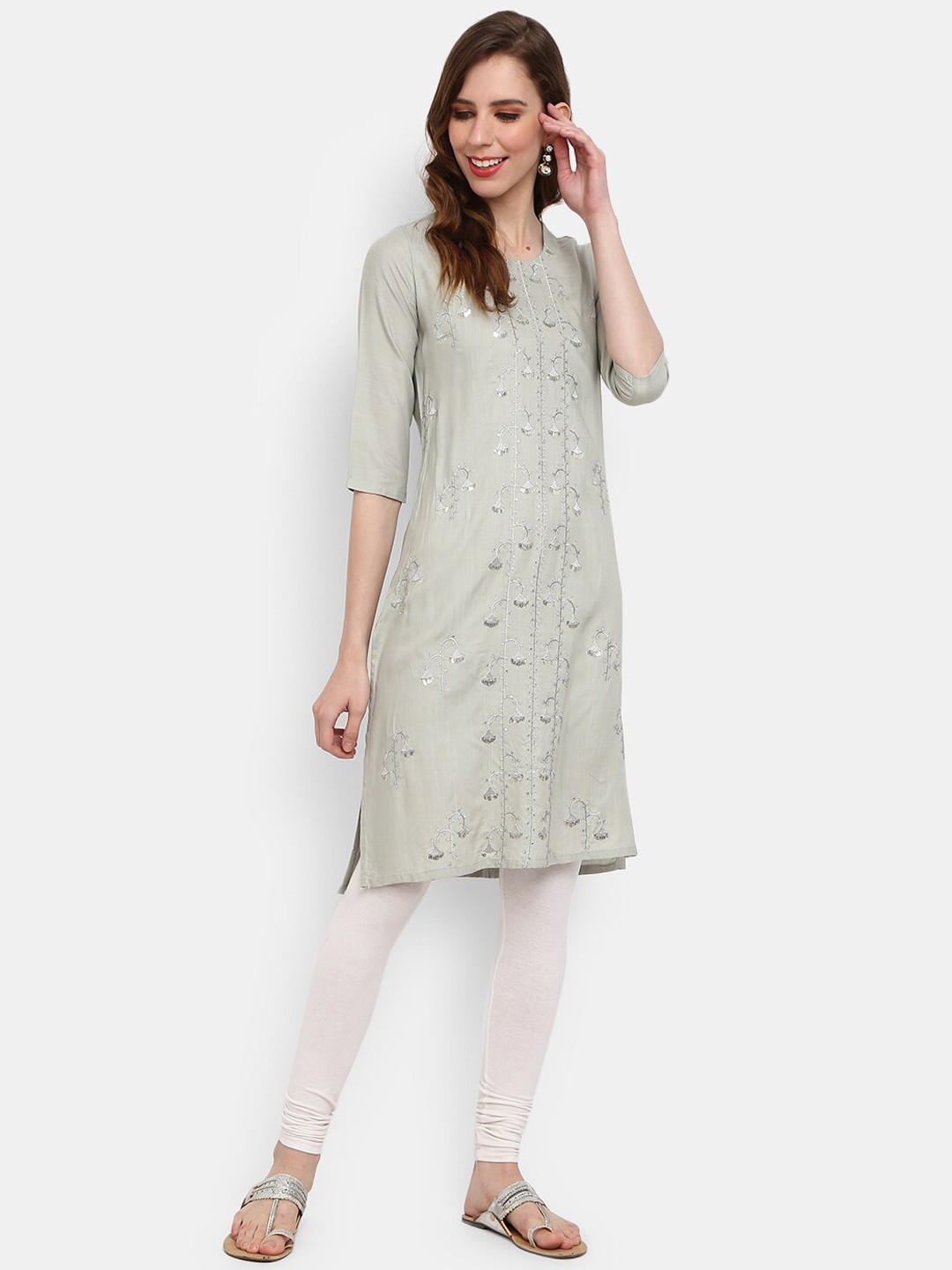 

V-Mart Floral Embroidered Thread Work Kurta, Grey