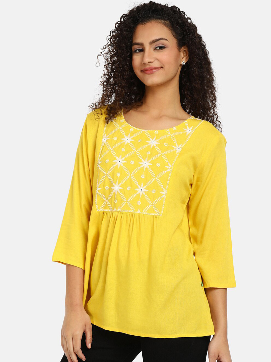 

V-Mart Floral Embroidered Round Neck Top, Yellow
