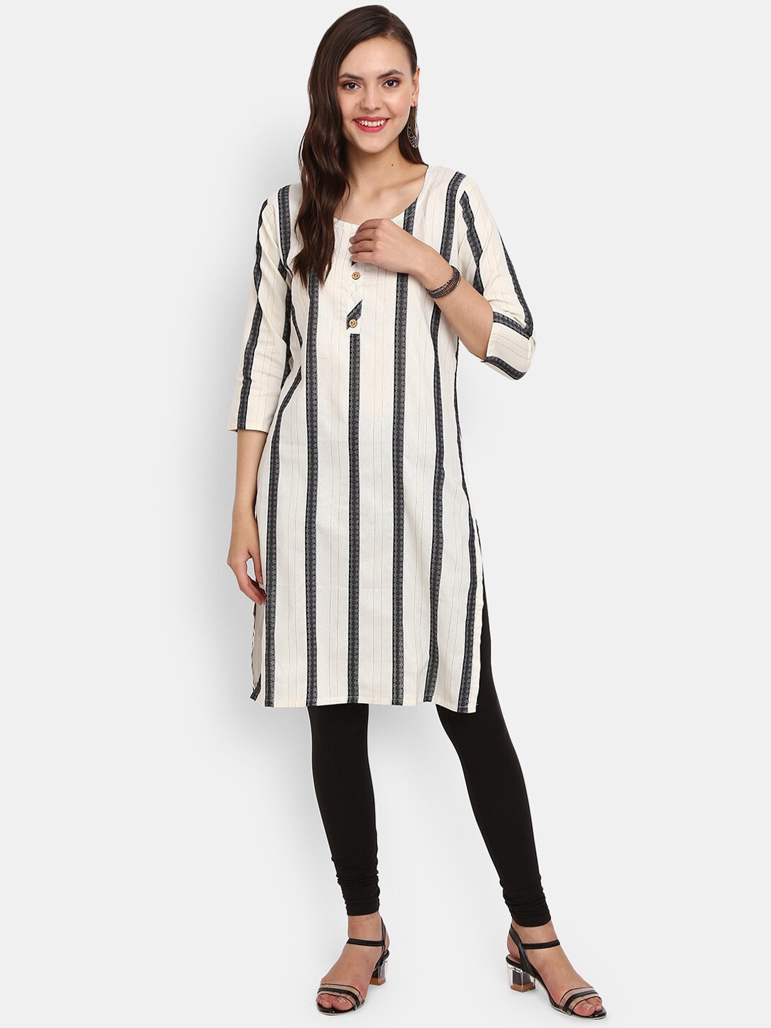 

V-Mart Striped Printed Flared Cotton Kurta, Off white