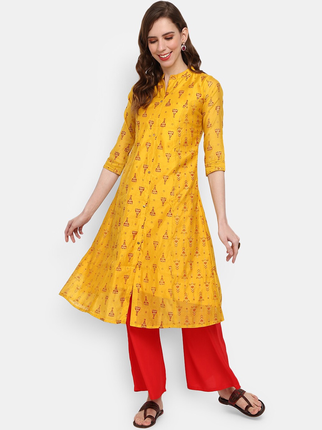 

V-Mart Mandarin Collar Floral Printed Chanderi Cotton Kurta, Mustard