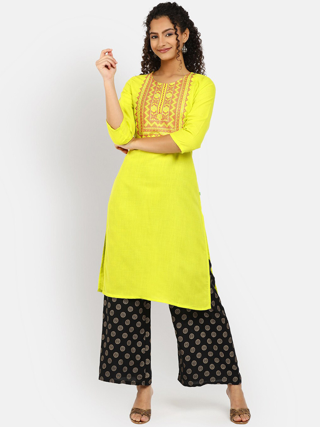

V-Mart Women Lime Green Floral Embroidered Thread Work Kurta