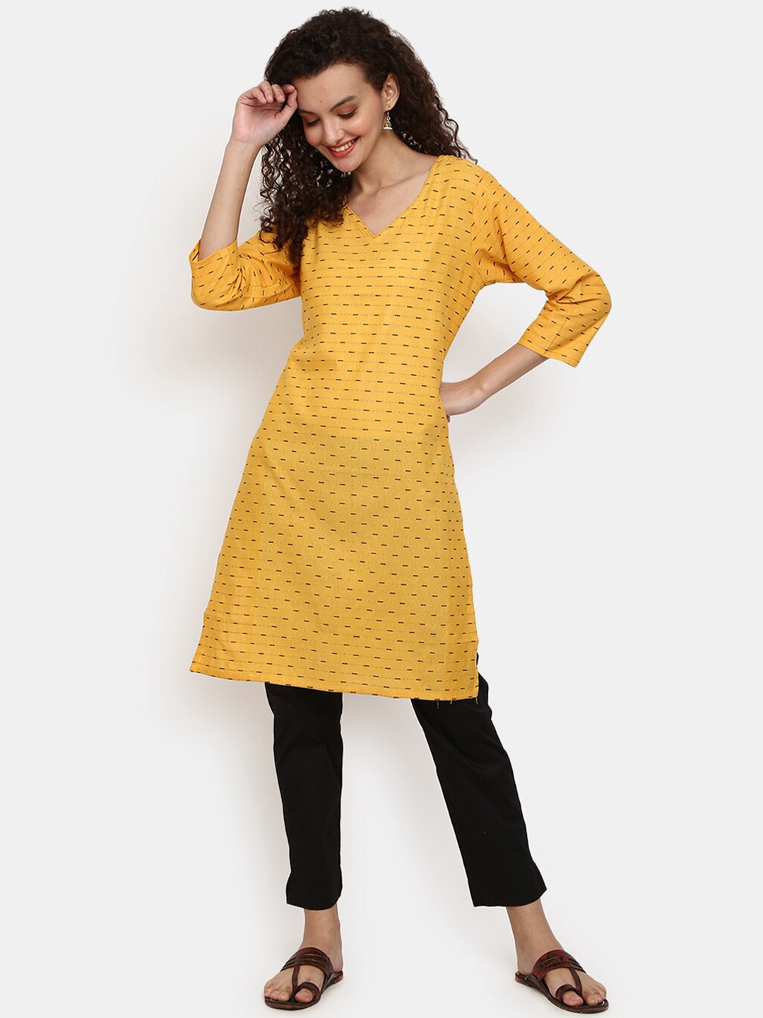 

V-Mart Printed V-Neck Cotton Kurta, Yellow