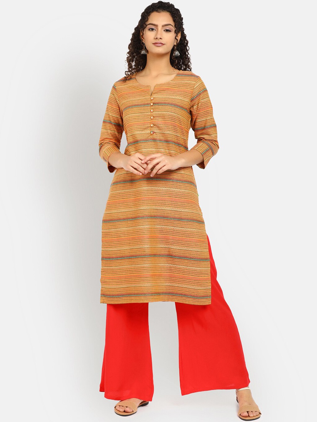 

V-Mart Striped Zari Round Neck Cotton Kurta, Orange