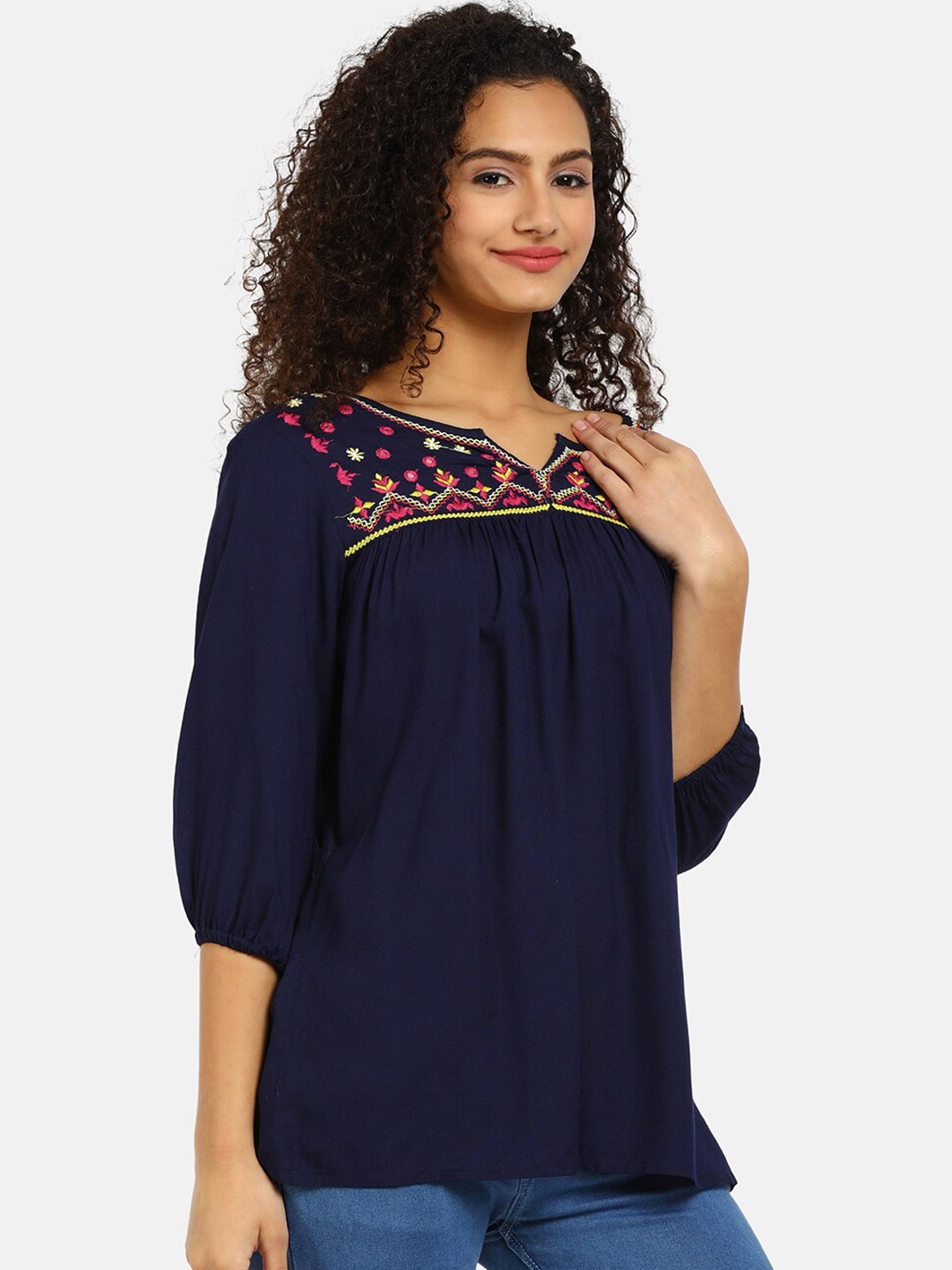 

V-Mart Women Navy Blue Embroidered Top