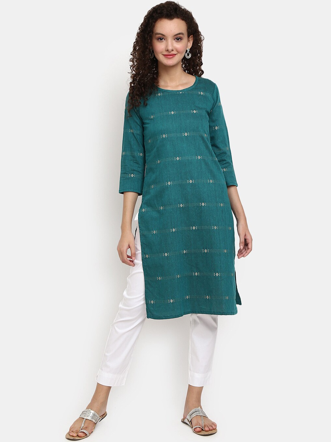 

V-Mart Ethnic Woven Design Printed Round Neck Kurta, Green