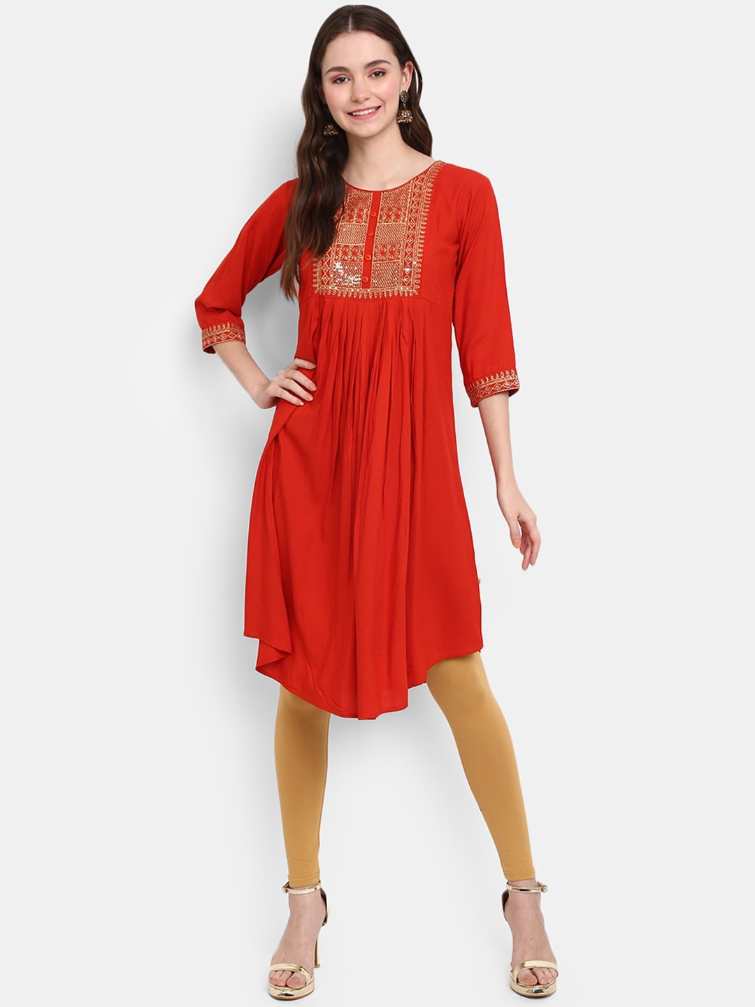 

V-Mart Thread Work A-Line Empire Kurta, Rust