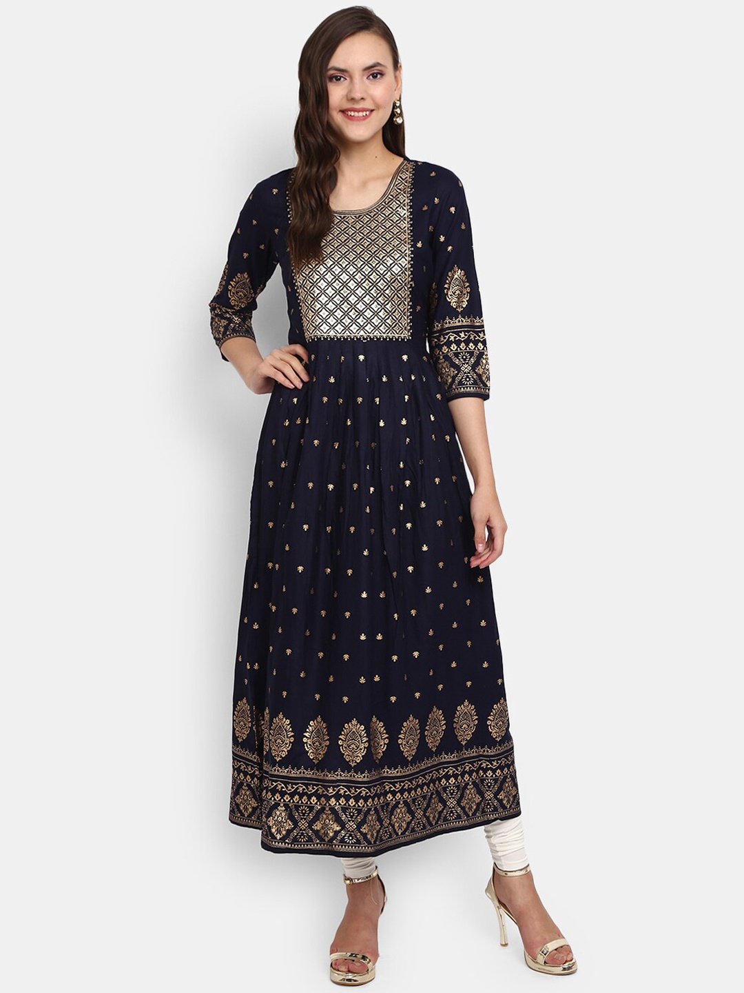 

V-Mart Ethnic Motifs Printed A-Line Kurta, Navy blue