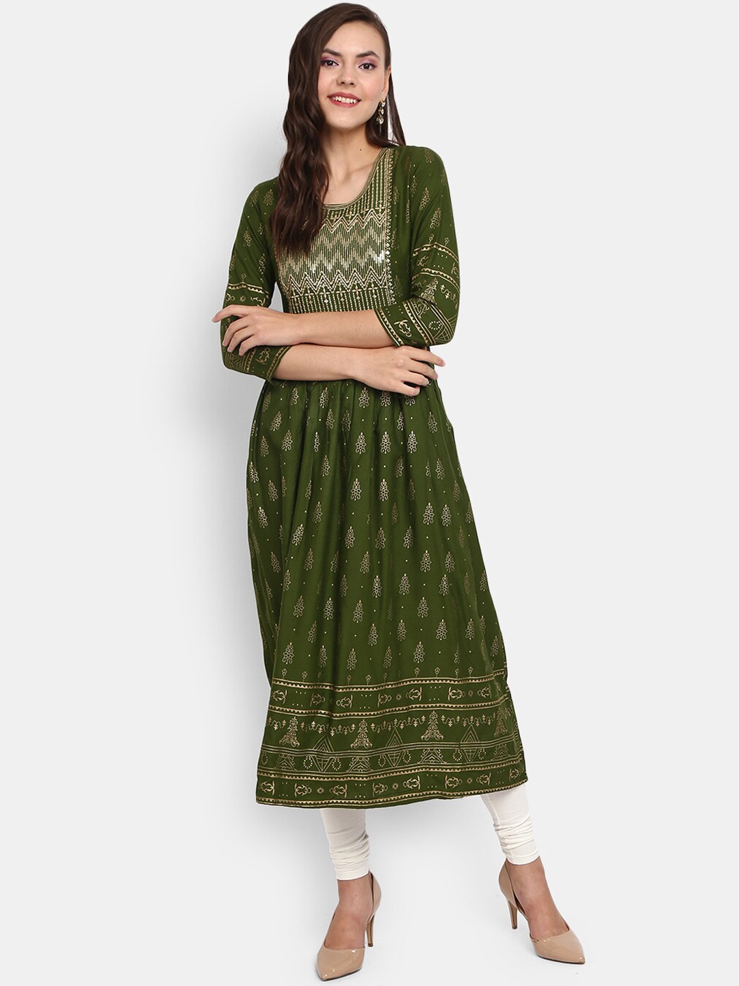 

V-Mart Ethnic Motifs Yoke Design Thread Work Anarkali Kurta, Green