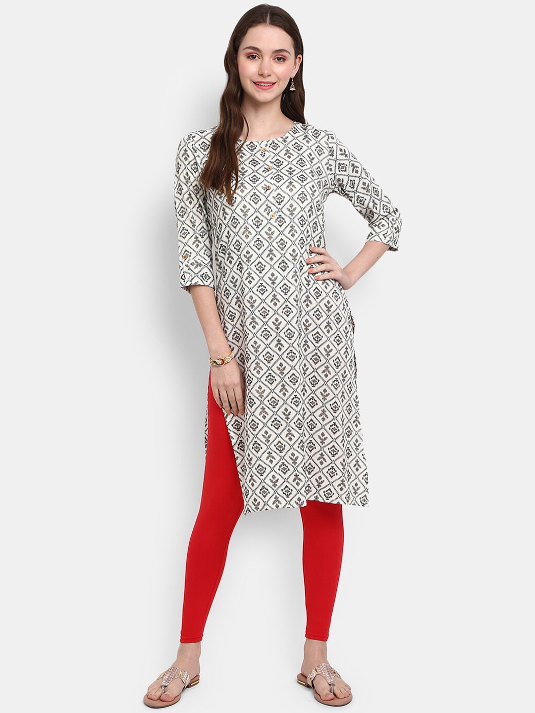 

V-Mart Round Neck Tribal Printed Kurta, Off white