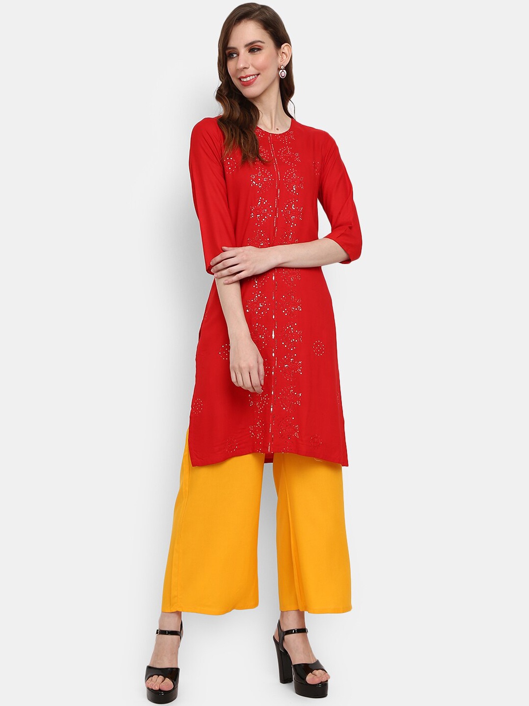 

V-Martc Embellished Thread Work Round Neck Kurta, Red