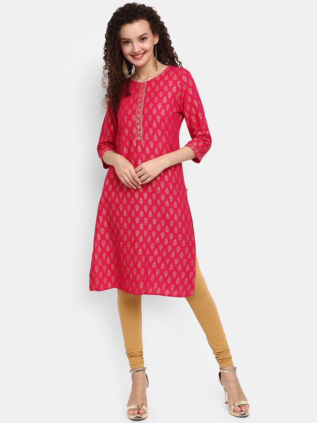 

V-Mart Women Pink & Beige Ethnic Motifs Printed Round Neck Kurta
