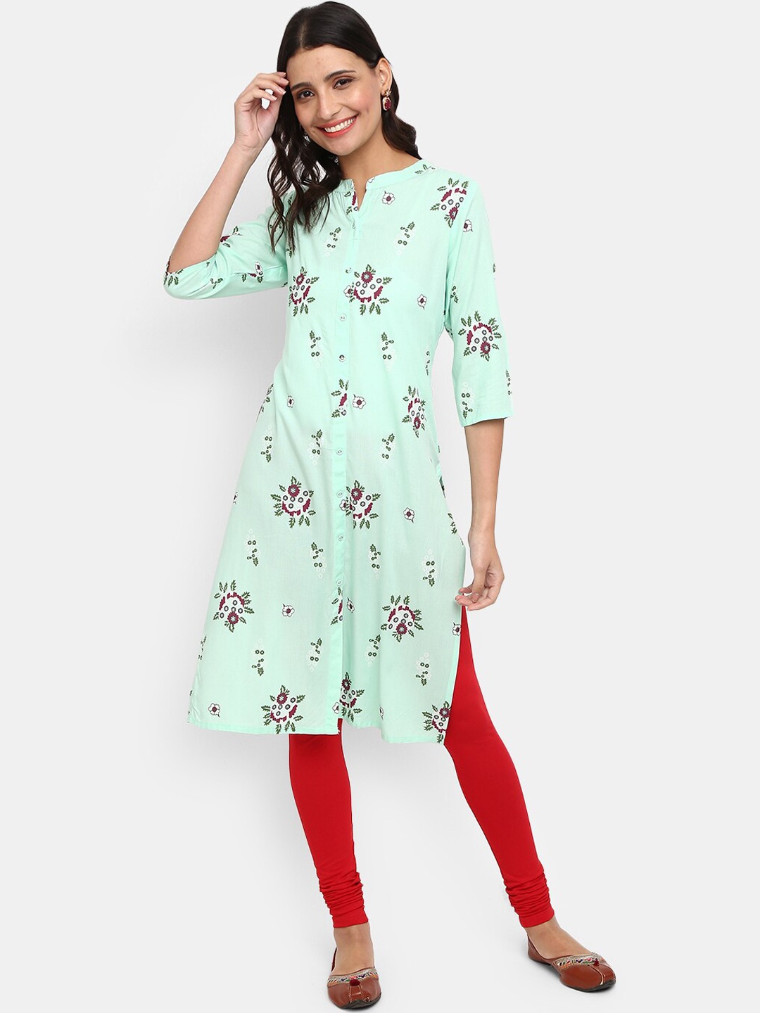 

V-Mart Women Green & Maroon Floral Printed Mandarin Collar Kurta