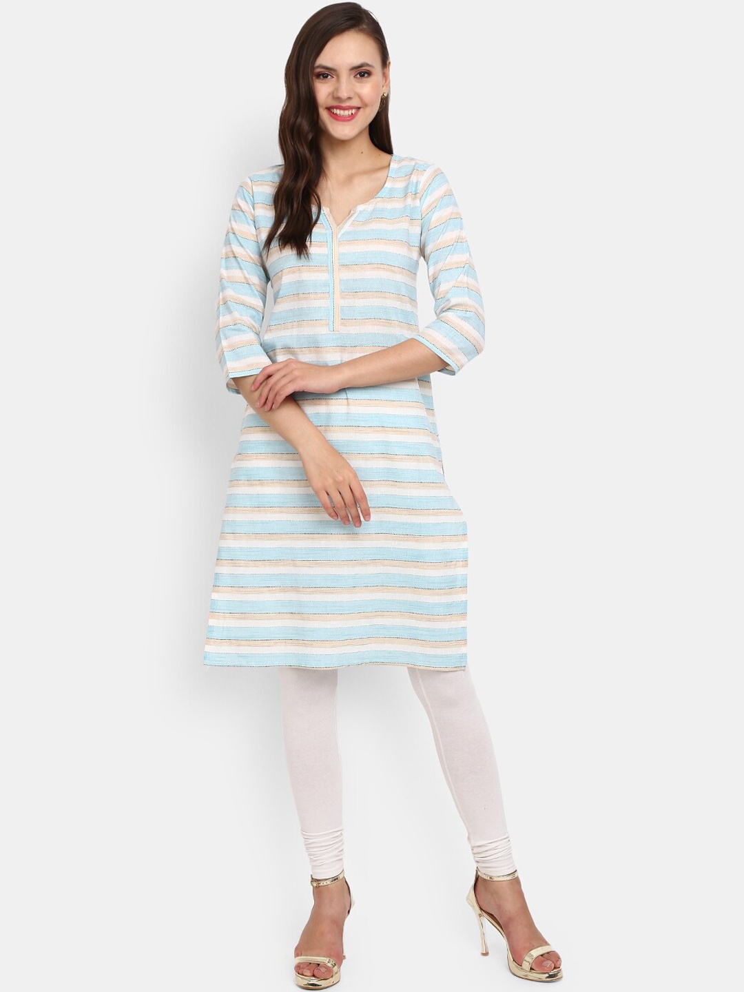 

V-Mart Women Blue & White Striped Cotton Round Neck Kurta