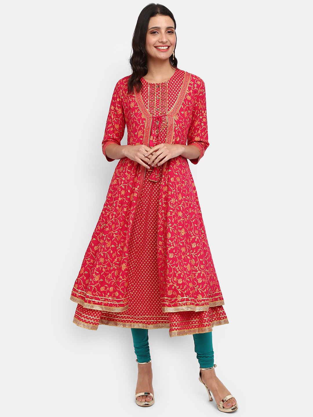 

V-Mart Women Pink & Gold-Toned Ethnic Motifs Printed Cotton Round Neck Kurta