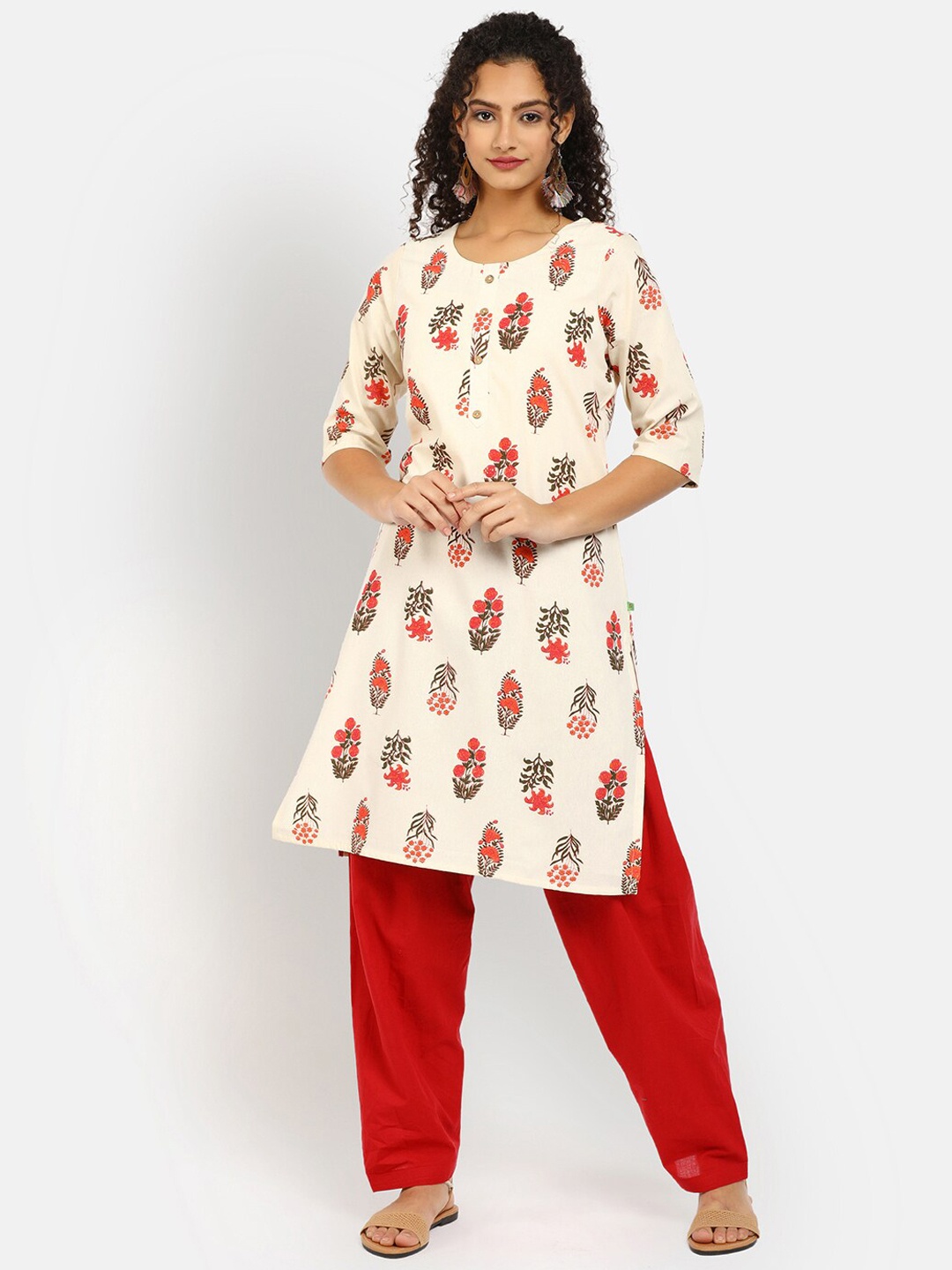 

V-Mart Women Off White & Rust Floral Printed Polyester Round Neck Kurta