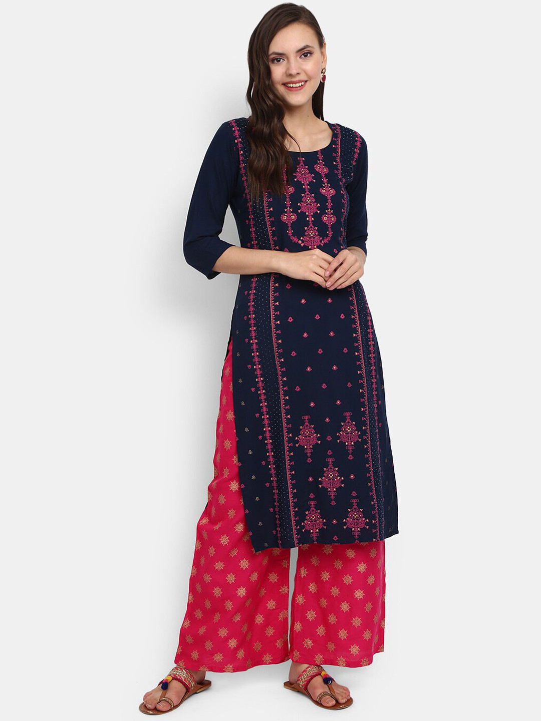 

V-Mart Women Navy Blue & Pink Ethnic Motifs Printed Round Neck Kurta