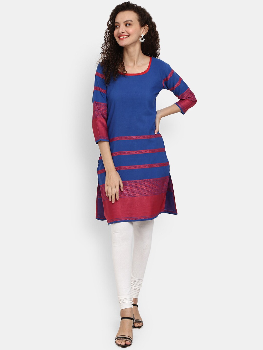 

V-Mart Women Navy Blue & Maroon Striped Cotton Round Neck Kurta