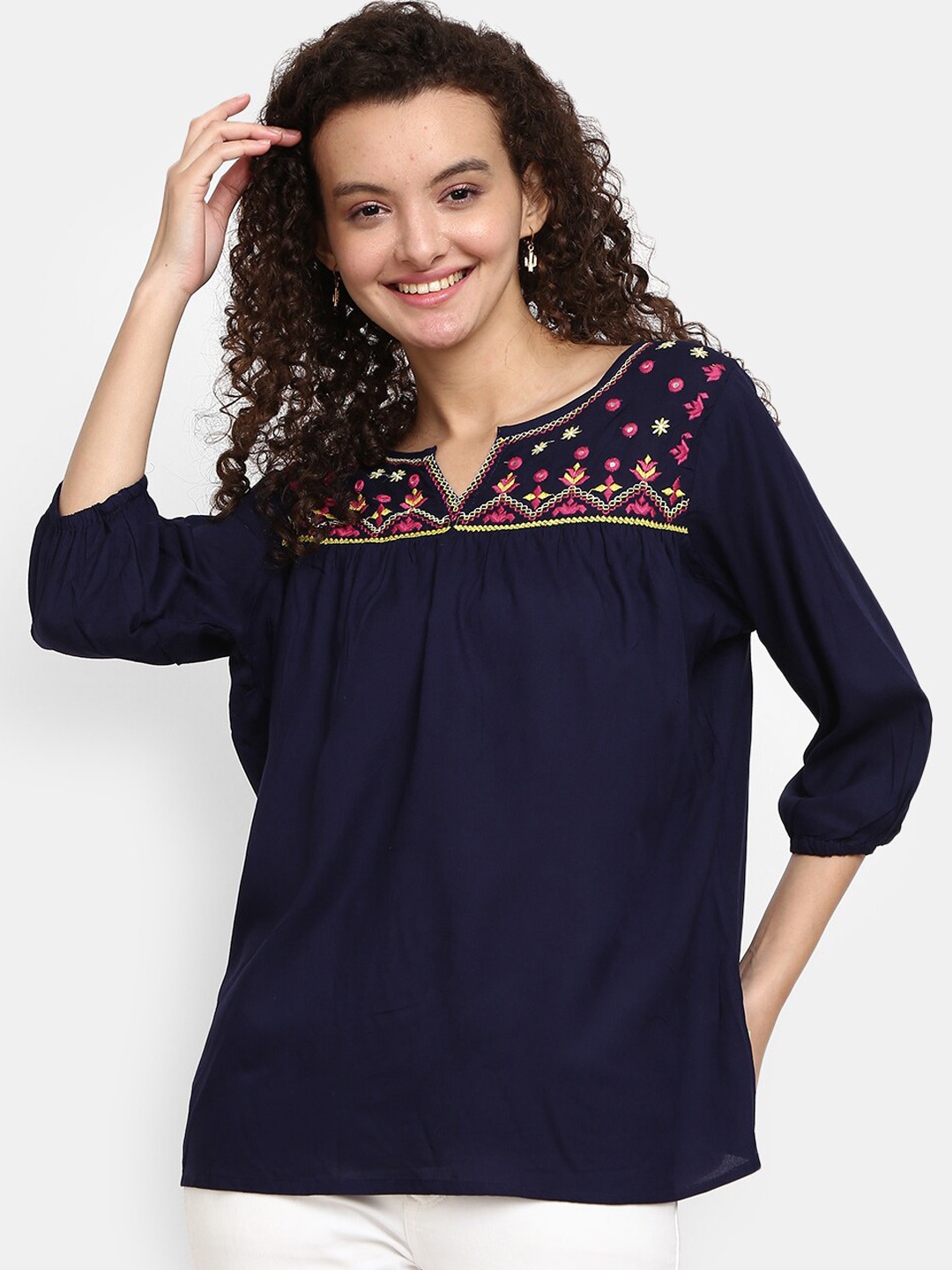 

V-Mart Women Navy Blue Floral Embroidered Poly Cotton Round Neck Top