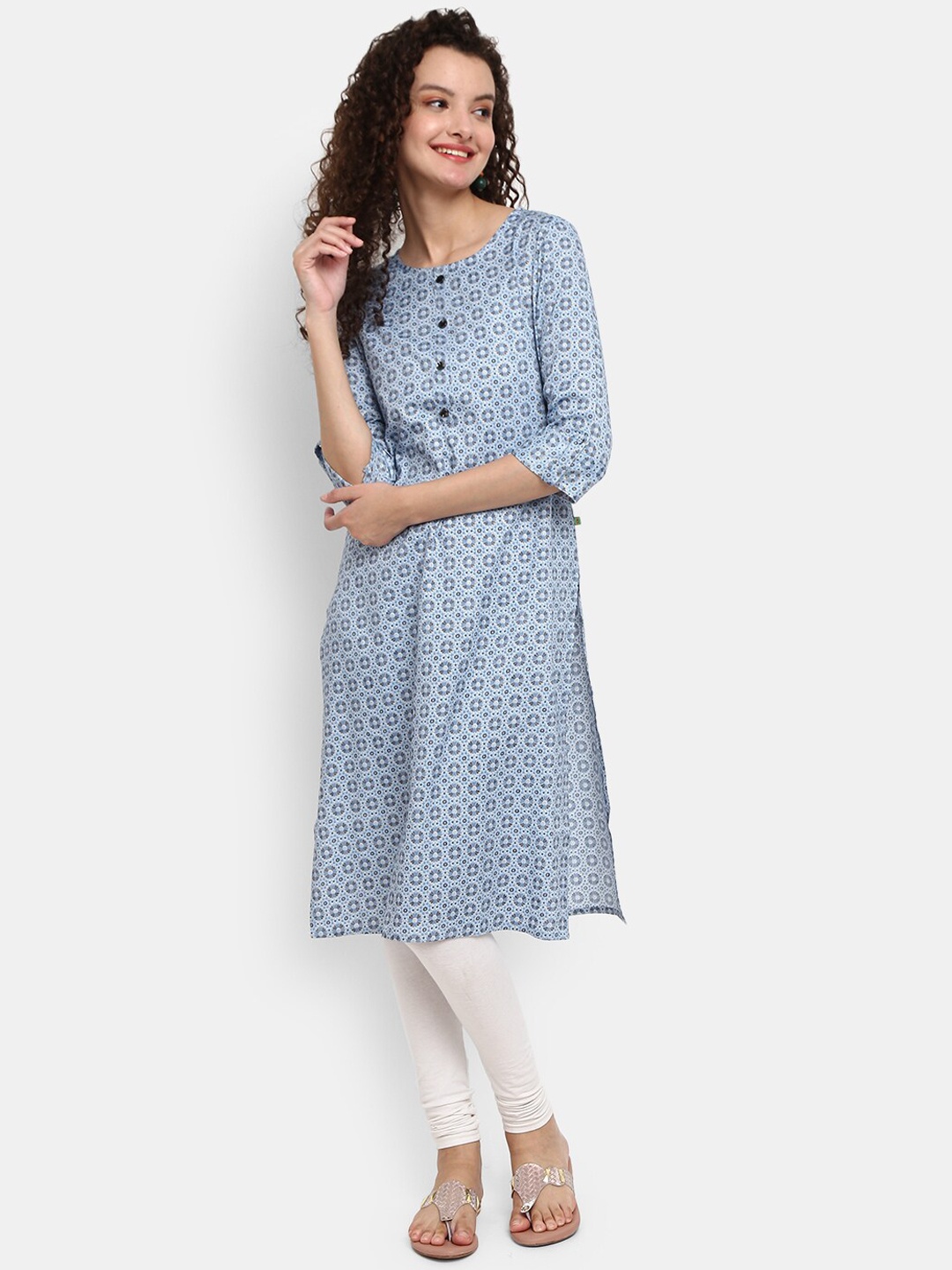 

V-Mart Women Grey & Blue Ethnic Motifs Printed Round Neck Kurta