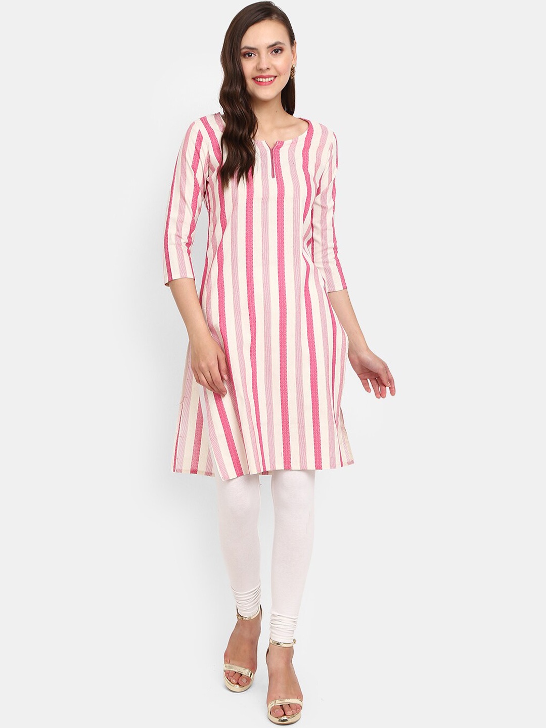 

V-Mart Women Magenta & White Striped Cotton Round Neck Kurta