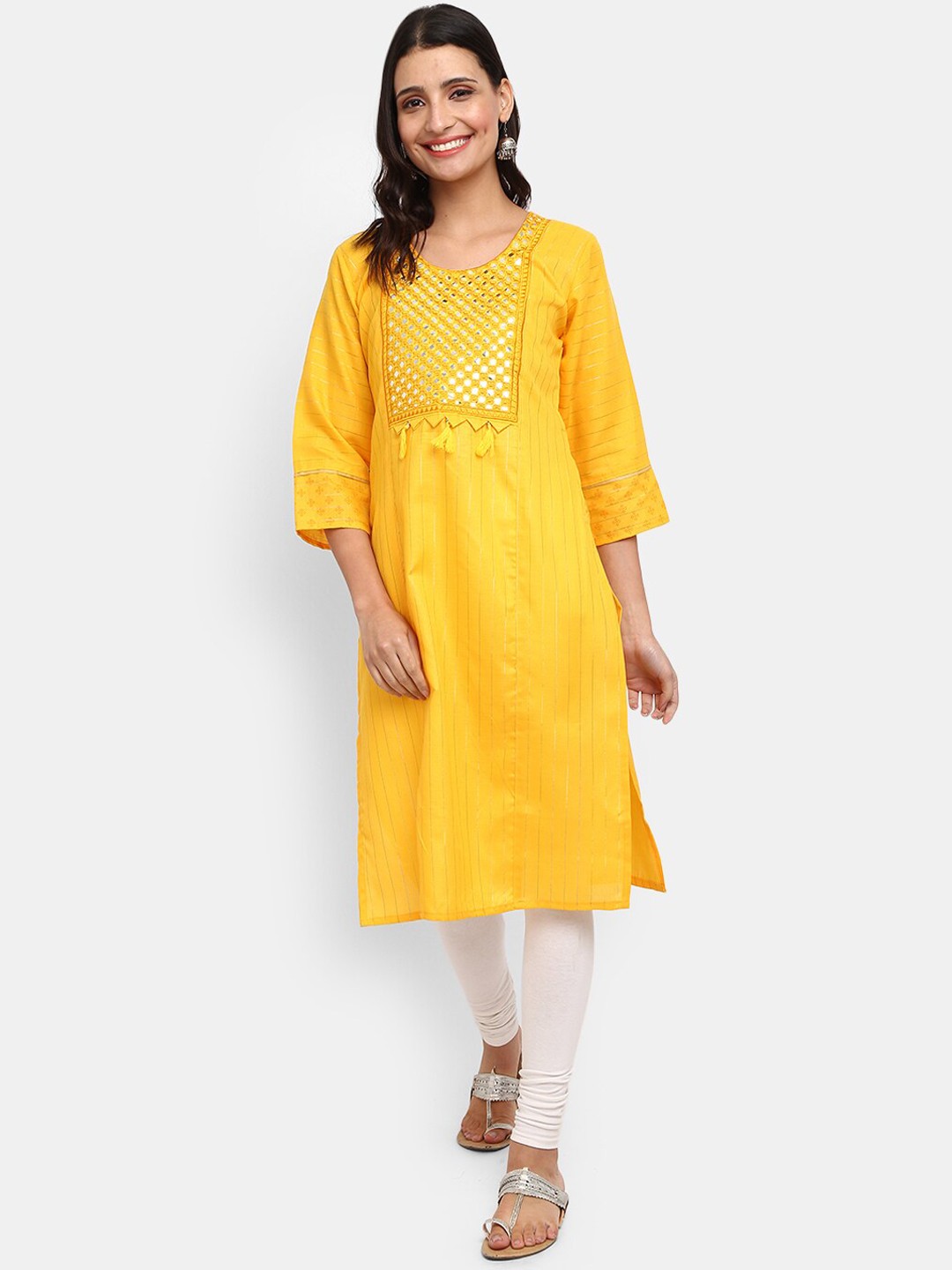 

V-Mart Women Yellow Ethnic Motifs Embroidered Mirror Work Round Neck Kurta