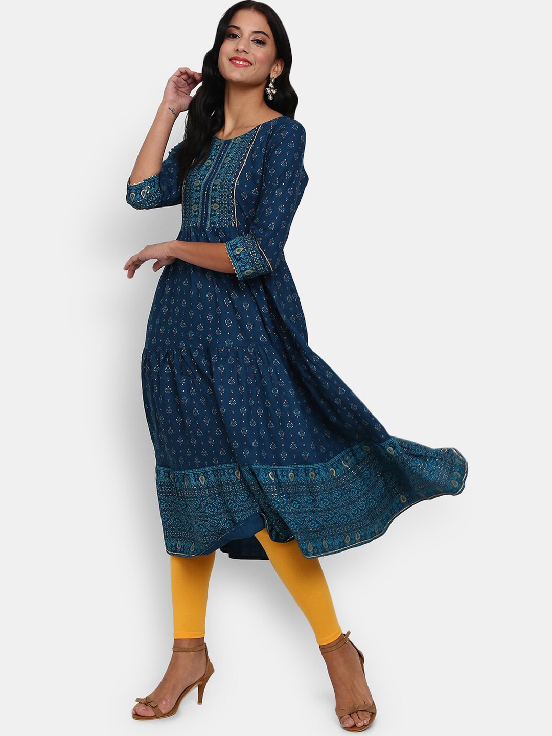 

V-Mart Women Teal Ethnic Motifs Printed Round Neck Anarkali Kurta