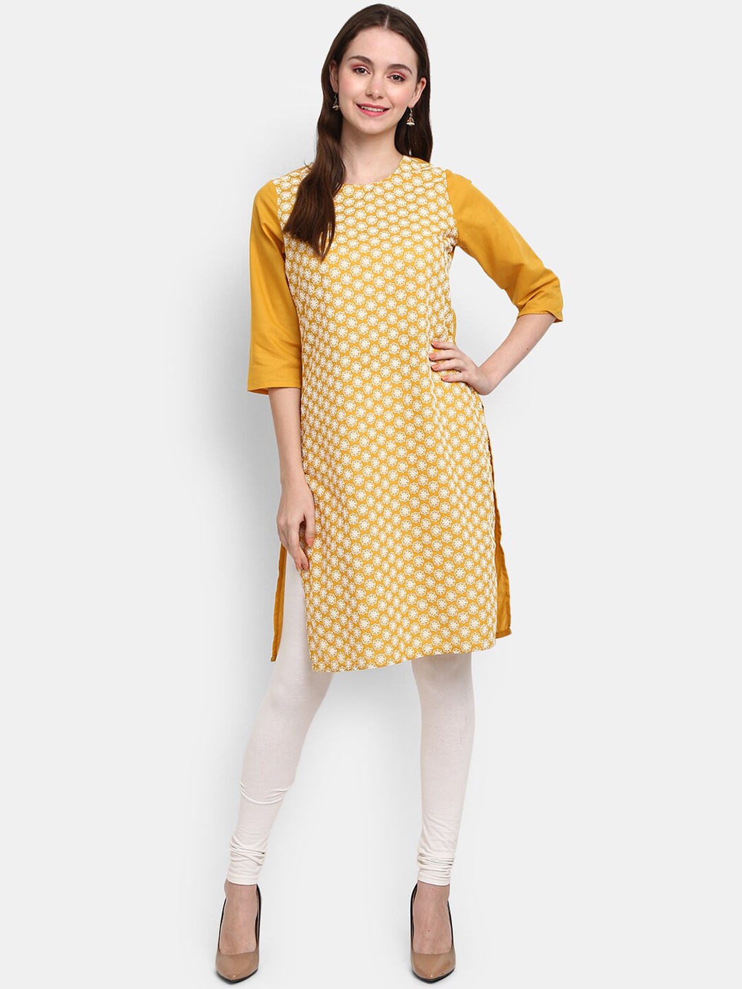 

V-Mart Women Mustard Yellow & White Floral Printed Cotton Kurta