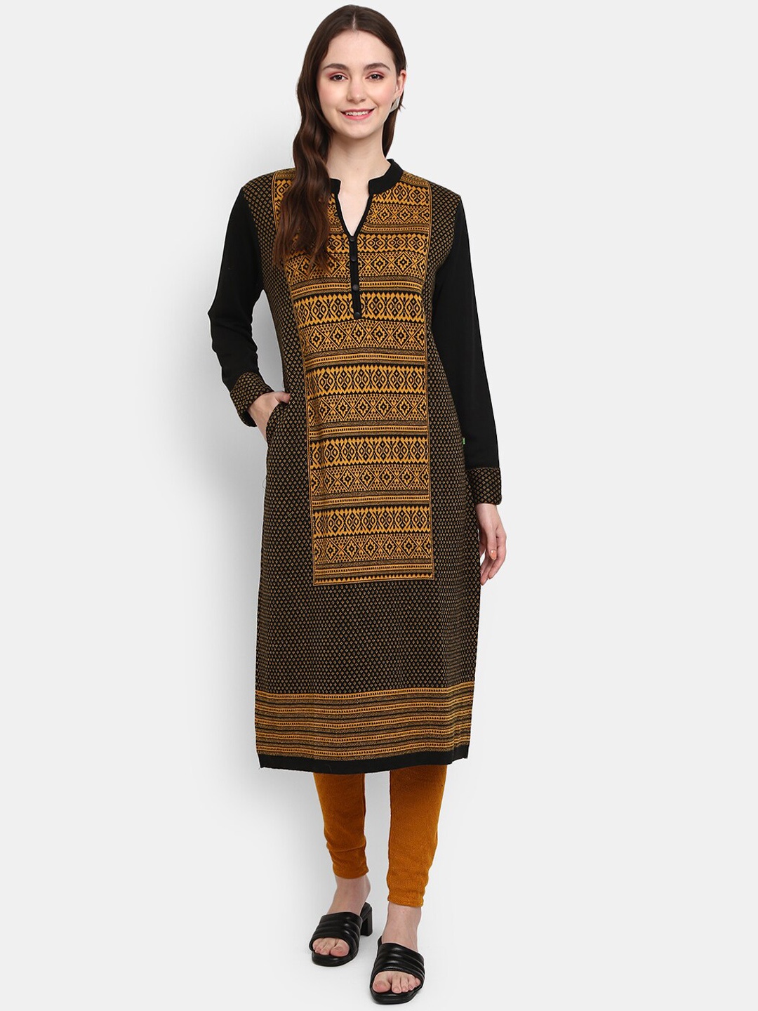 

V-Mart Women Mustard Yellow & Black Ethnic Motifs Printed Round Neck Kurta