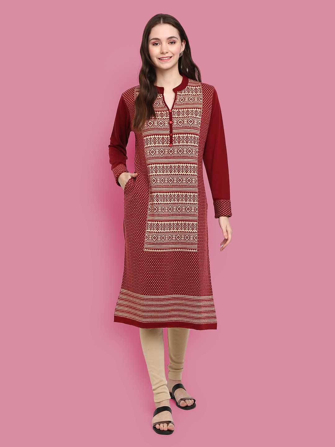 

V-Mart Women Maroon & Beige Ethnic Motifs Embroidered Polyester Round Neck Kurta