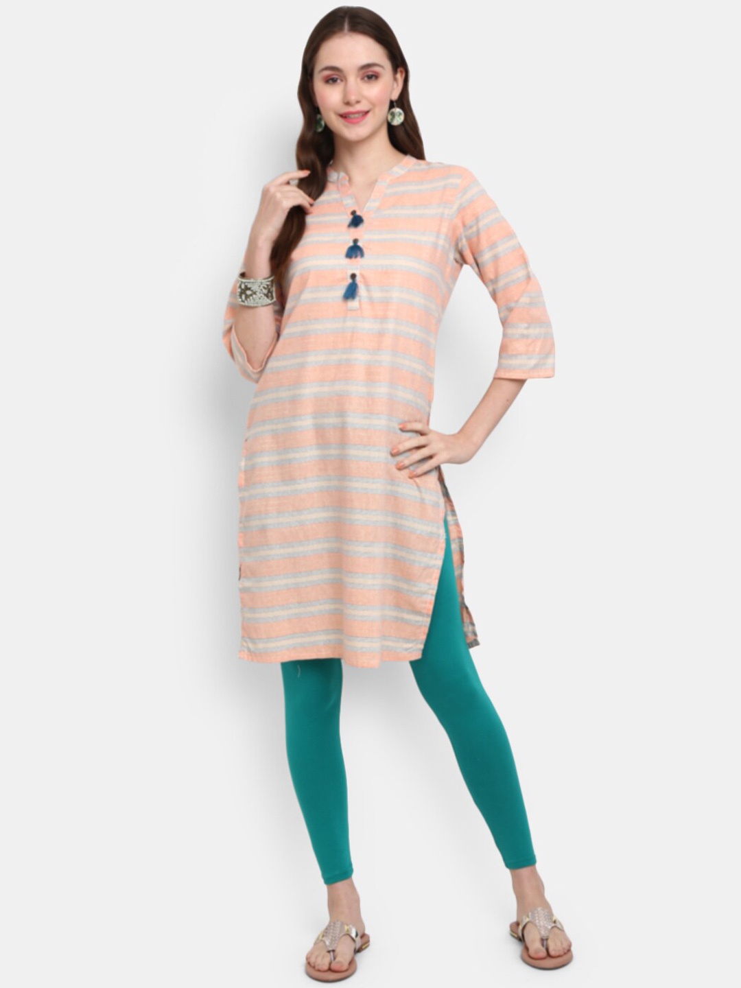 

V-Mart Women Pink & White Striped Cotton Round Neck Kurta