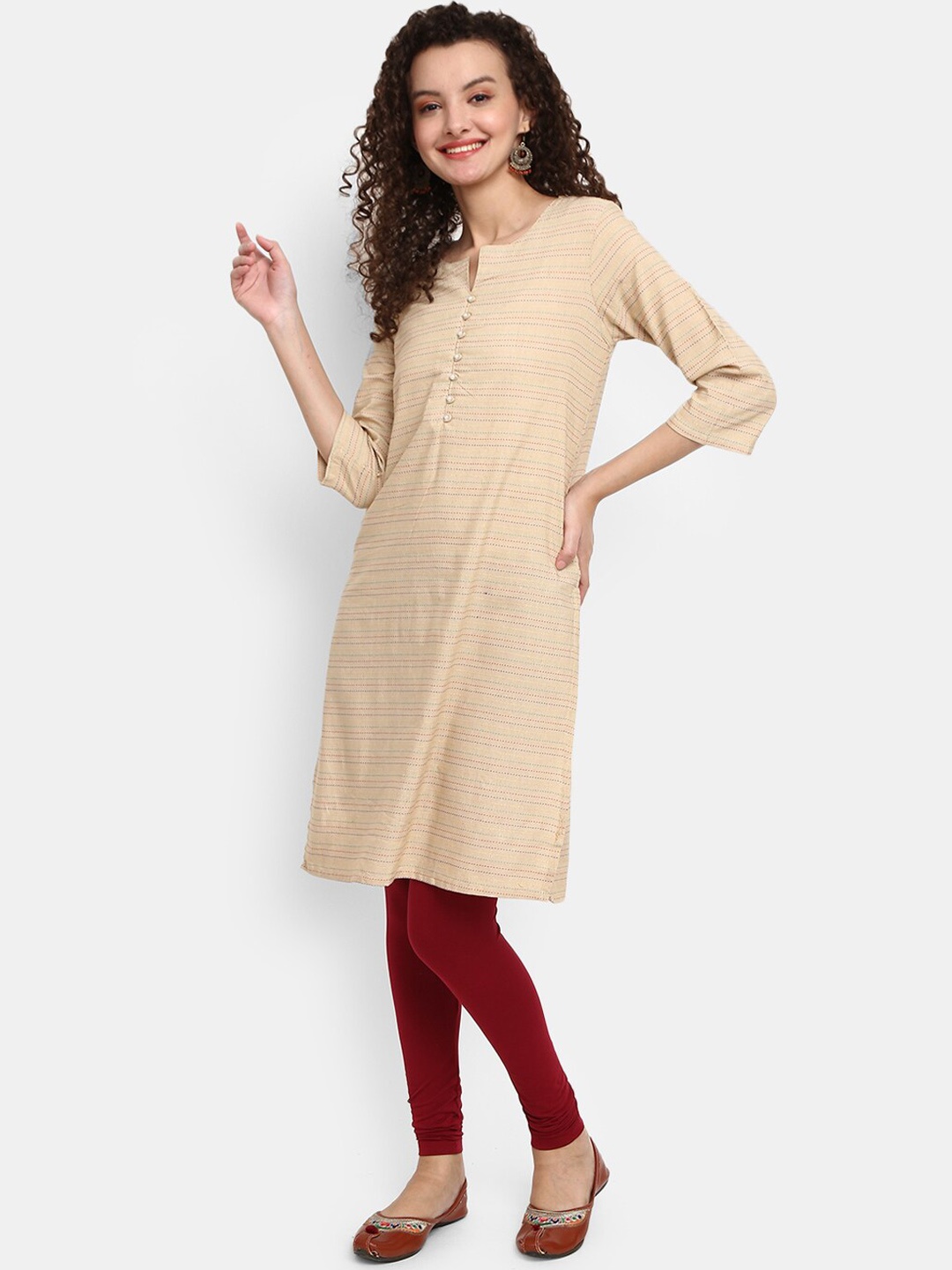 

V-Mart Women Beige Embroidered Cotton Round Neck Kurta