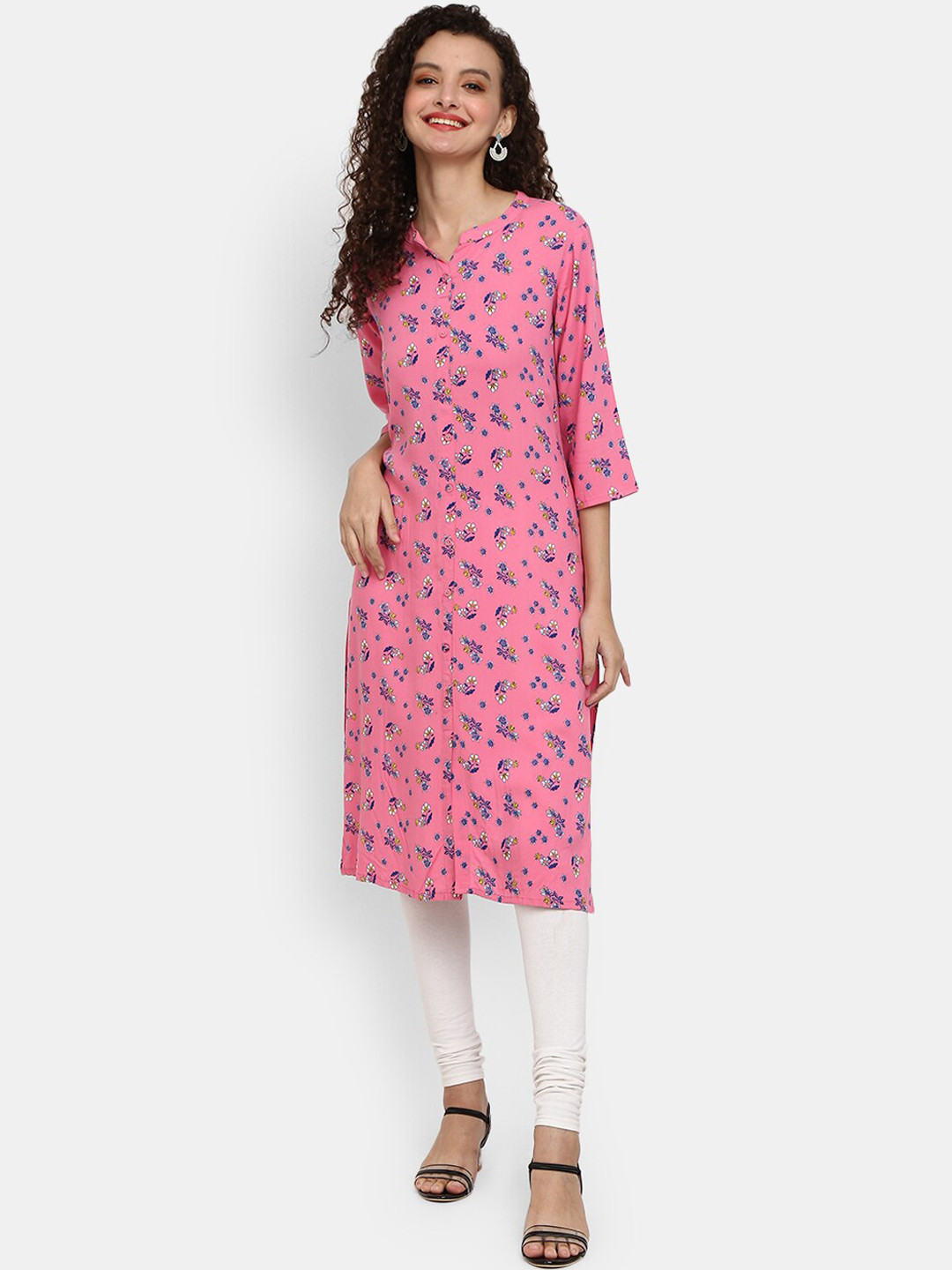 

V-Mart Women Pink & Blue Floral Printed Mandarin Collar Kurta