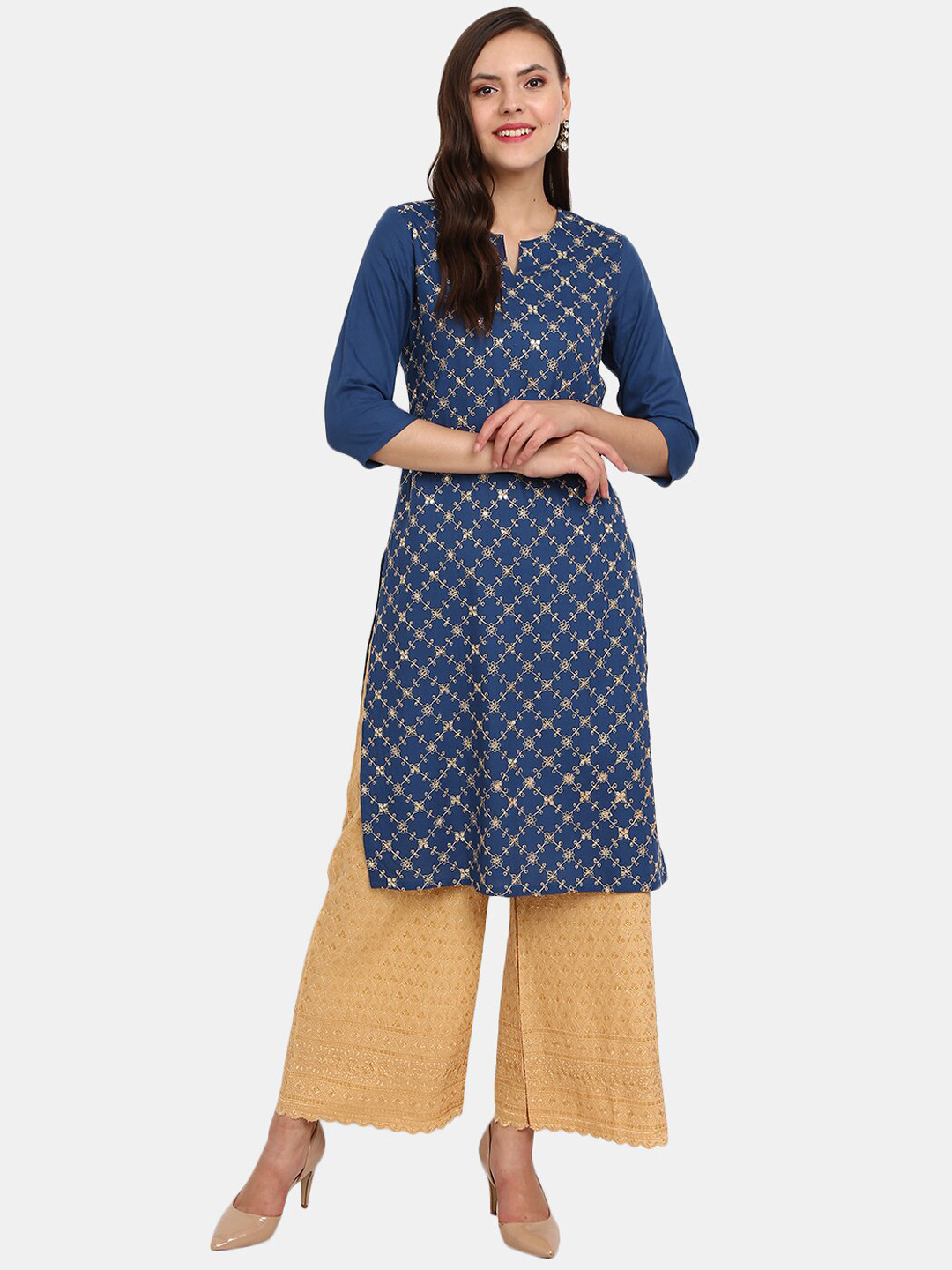 

V-Mart Women Blue Embellished Thread Work Cotton Round Neck Kurta
