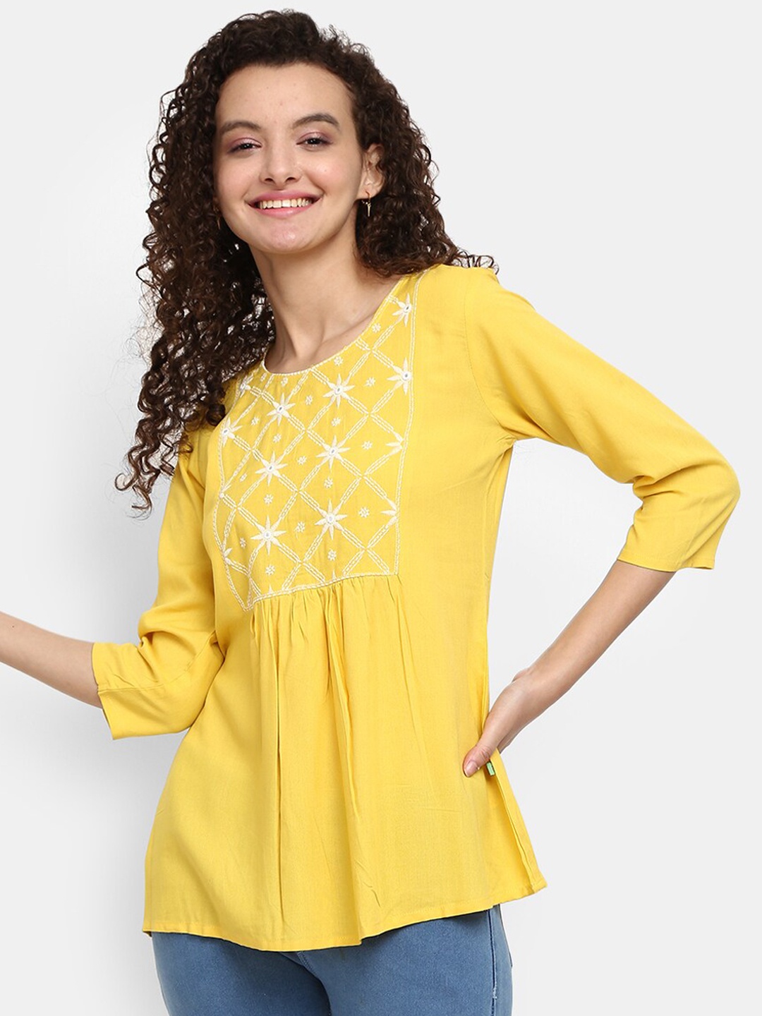 

V-Mart Yellow Floral Embroidered Pure Cotton Round Neck Top