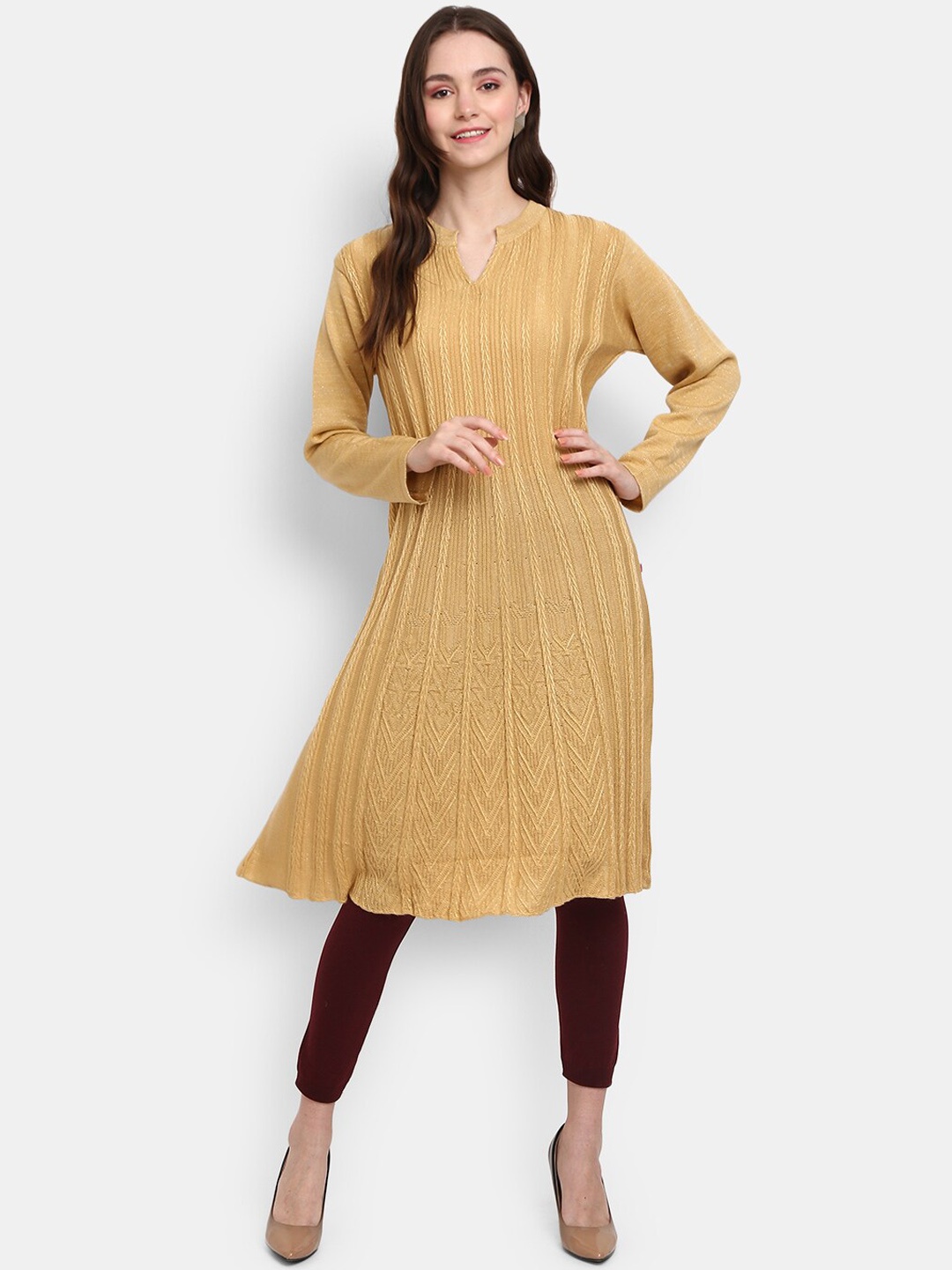 

V-Mart Women Beige Striped Mandarin Collar Acrylic Kurta