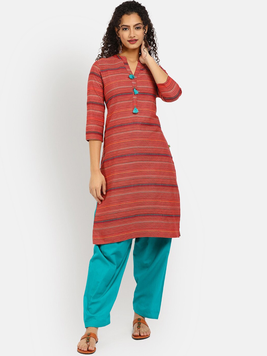 

V-Mart Women Red Striped Cotton Kurta