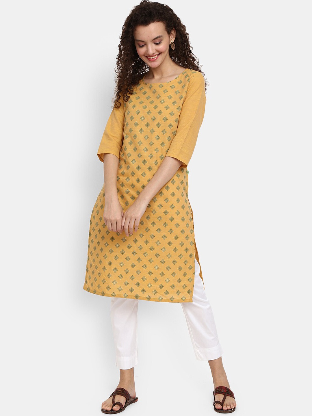 

V-Mart Women Yellow & Blue Ethnic Motifs Printed Cotton Kurta
