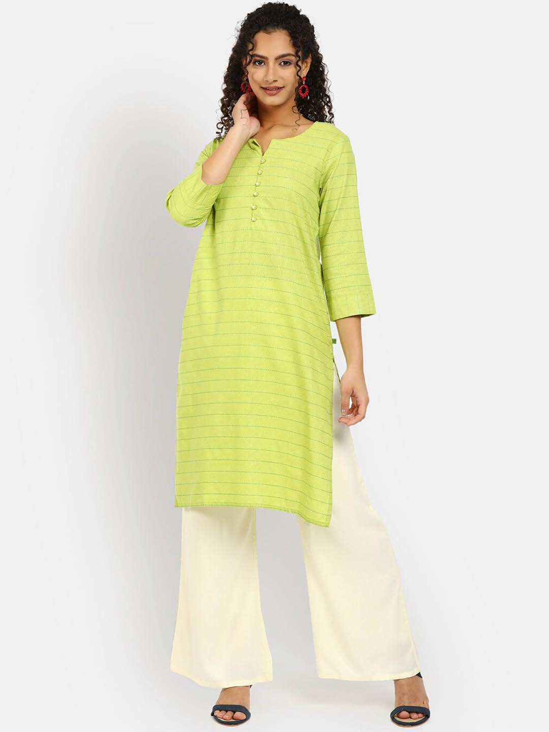 

V-Mart Women Green Striped Cotton Round Neck Kurta