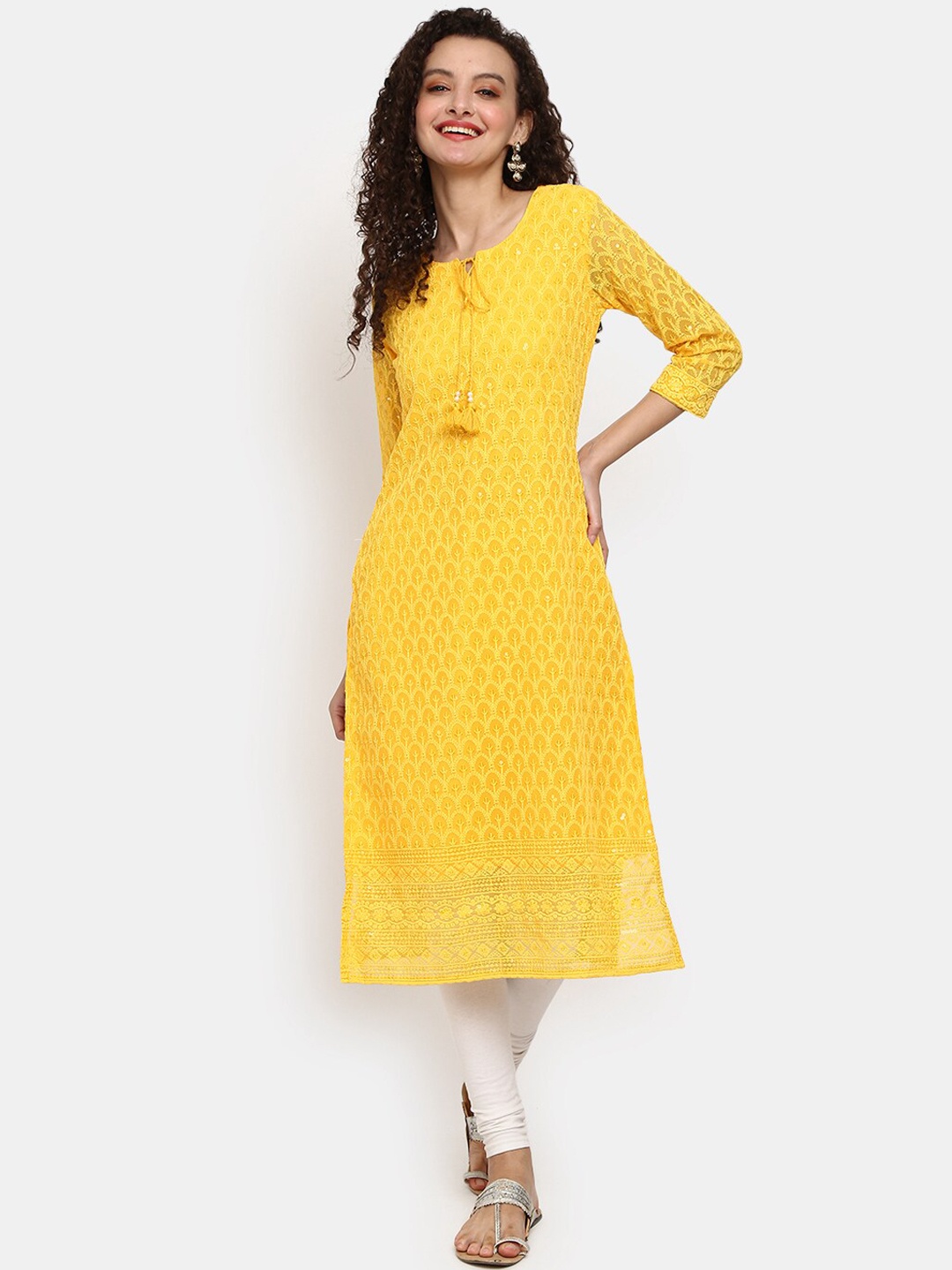 

V-Mart Women Yellow Ethnic Motifs Tie-Up Neck Kurta