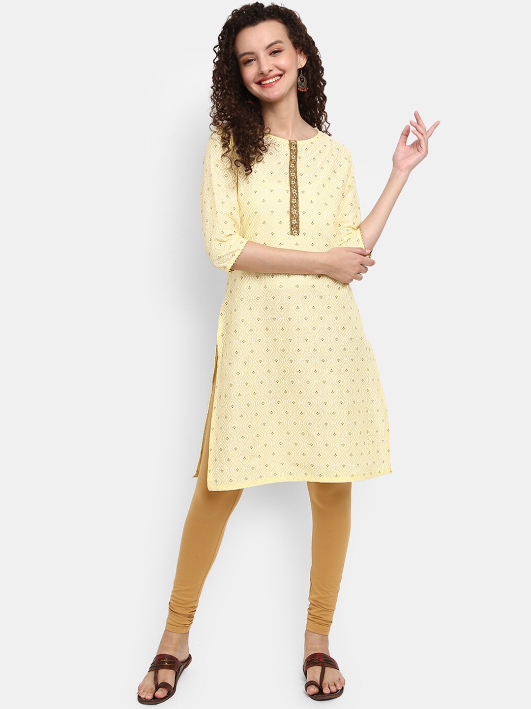 

V-Mart Women Yellow & White Ethnic Motifs Printed Cotton Round Neck Kurta