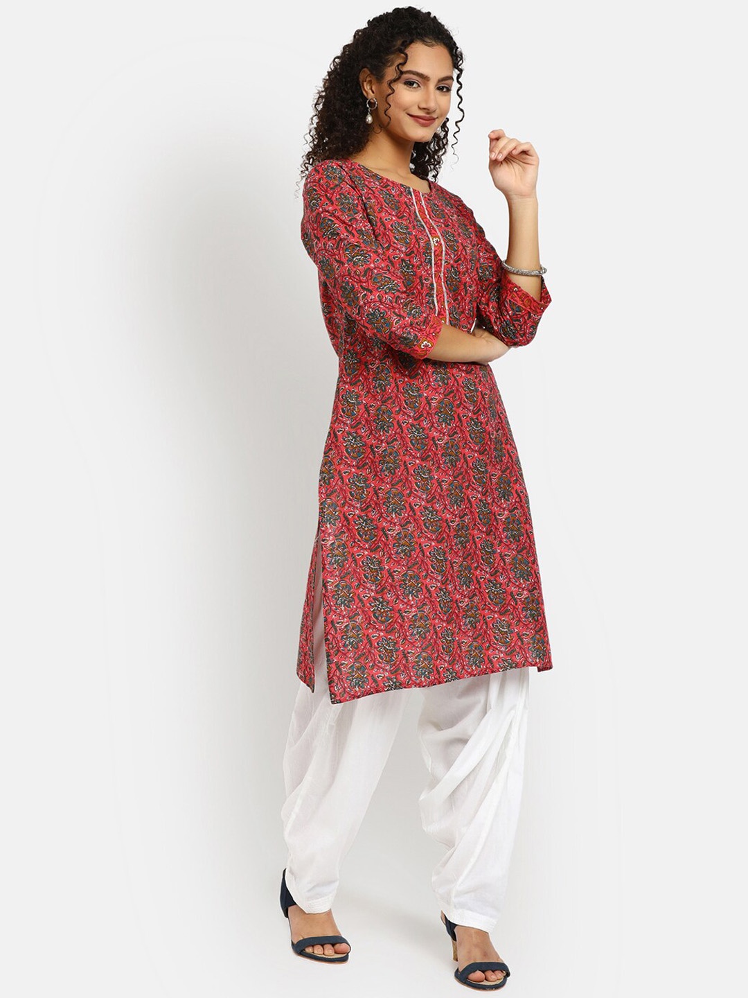 

V-Mart Round Neck Floral Printed Cotton Kurta, Red