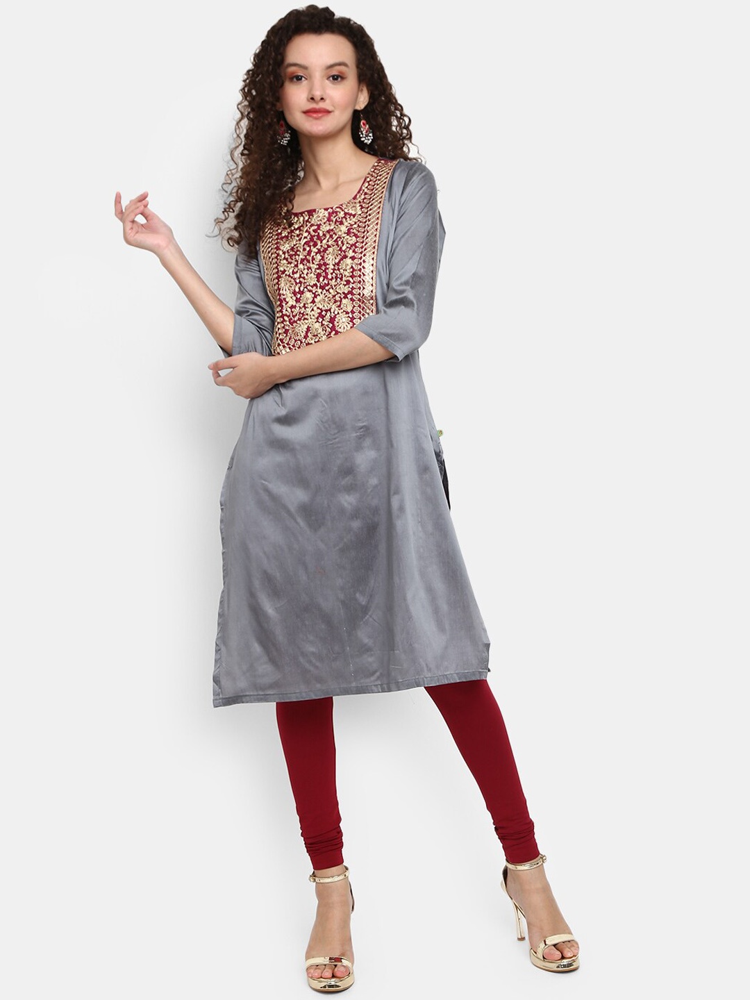 

V-Mart Women Grey Floral Embroidered Kurta