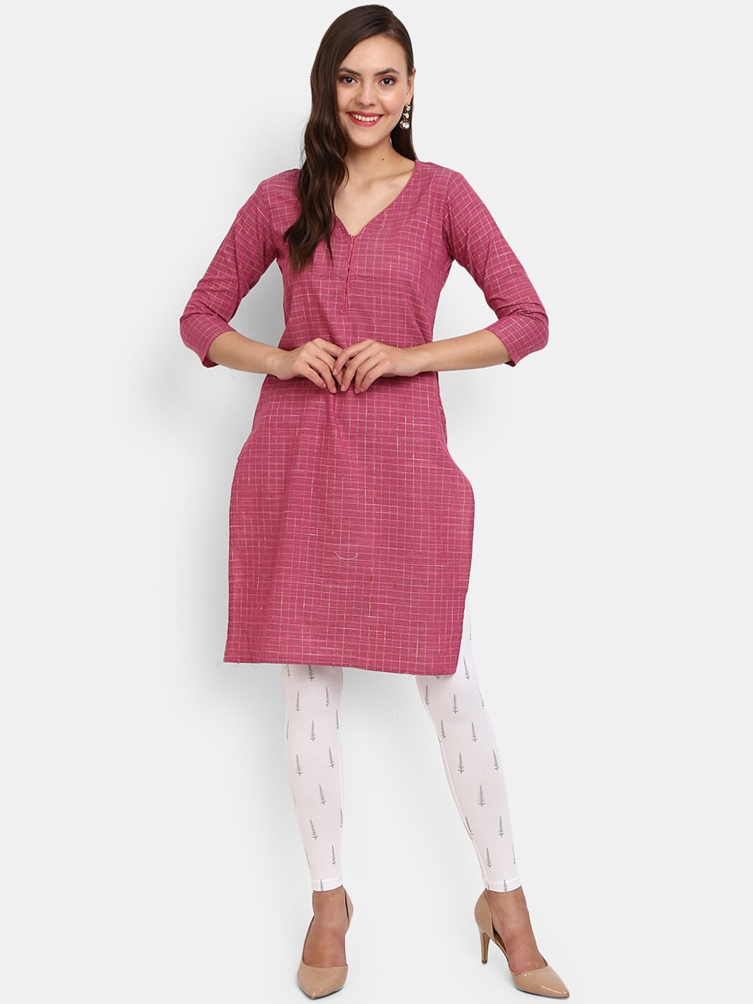 

V-Mart V-Neck Checked Acrylic Kurta, Pink